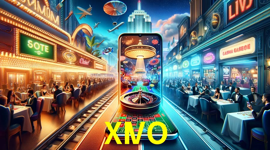 Una escena digital vívida inspirada en casino con XIVO mostrado prominentemente, luces brillantes, fichas, cartas y acentos dorados.